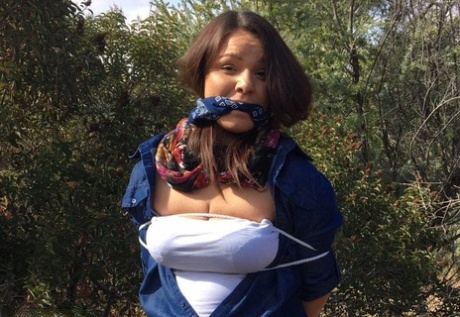 Полностью одетый толстяк расколот, с кляпом во рту и связанный веревкой в заросшем кустарником лесу картинка 13